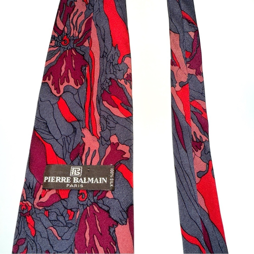 Vintage Pierre Balmain Paris Silk 57” Art Deco Floral Red Pink Purple Print Tie